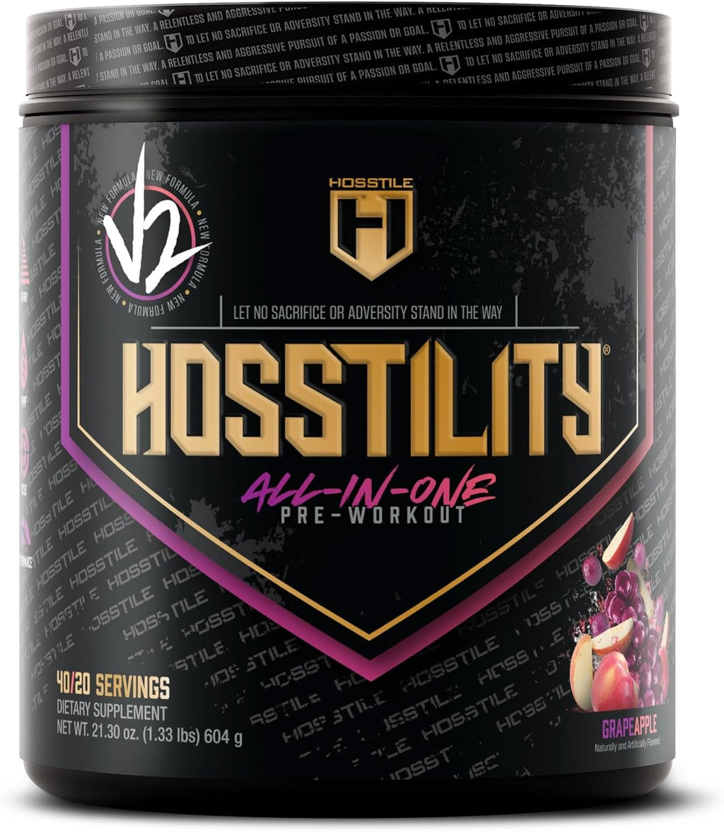 HOSSTILE Hosstility V2 Pre Workout, All-in-One Pre Workout Powder for Men and Women, Enhance Muscle Pump, Increase Energy, Boost Strength, Sharpen Focus, Grape Apple, 40 Servings