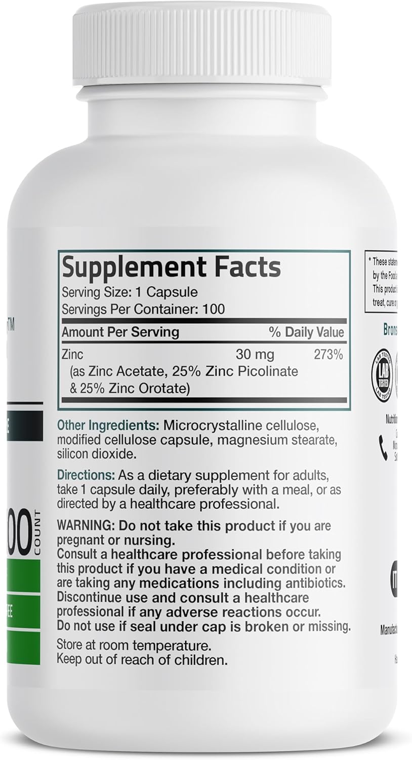Bronson Zinc Triple Play 30 mg Triple Coverage Immune Support with Zinc Acetate, Picolinate & Orotate - Immune, Antioxidant & Skin Health Support - 100 Vegetarian Capsules