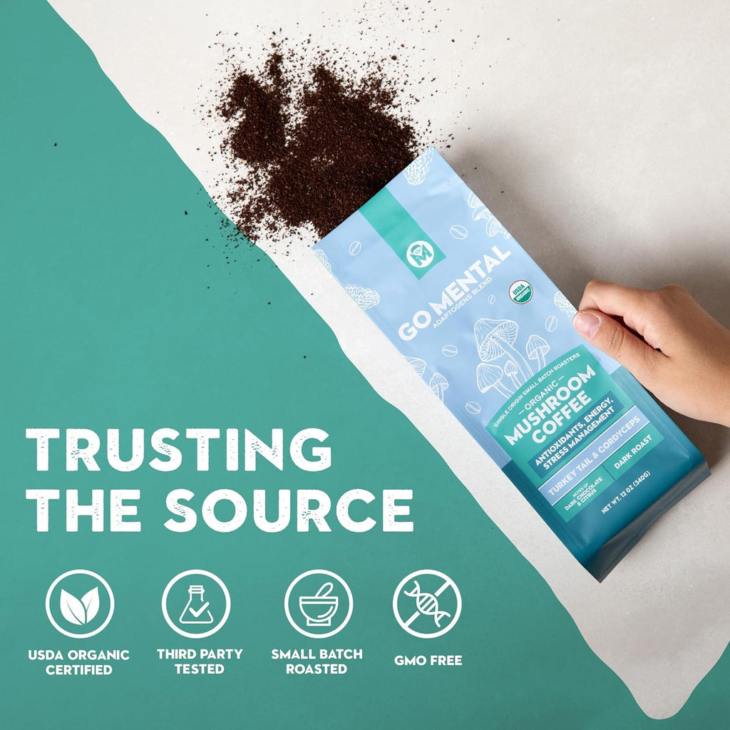 Organic Turkey Tail & Cordyceps Mushroom Coffee Dark Roast, Antioxidants, Immune System Support, overall wellness, Grade 1 Single Origin Peruvian | 12oz - Ground (2 Pack)