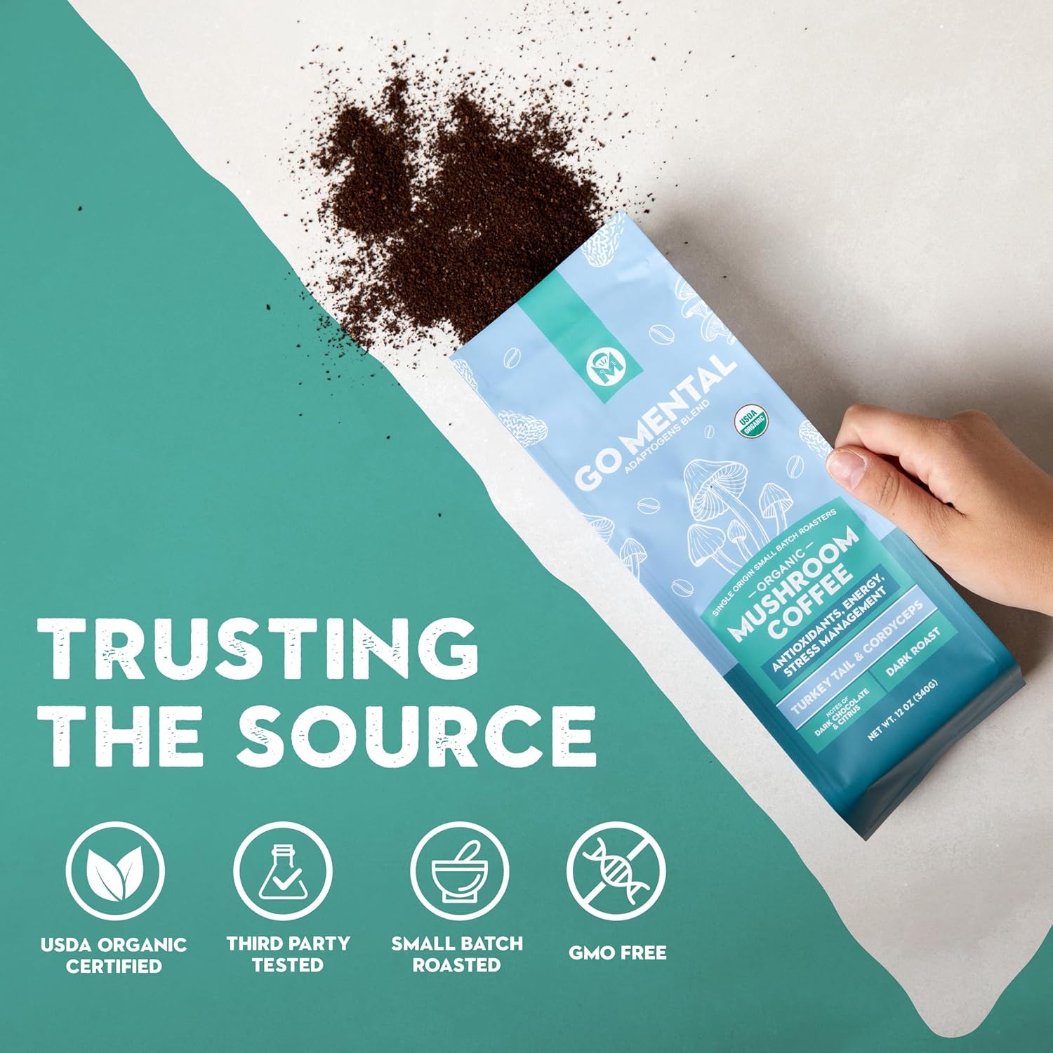 Organic Turkey Tail & Cordyceps Mushroom Coffee Dark Roast, Antioxidants, Immune System Support, overall wellness, Grade 1 Single Origin Peruvian | 12oz - Ground (2 Pack)