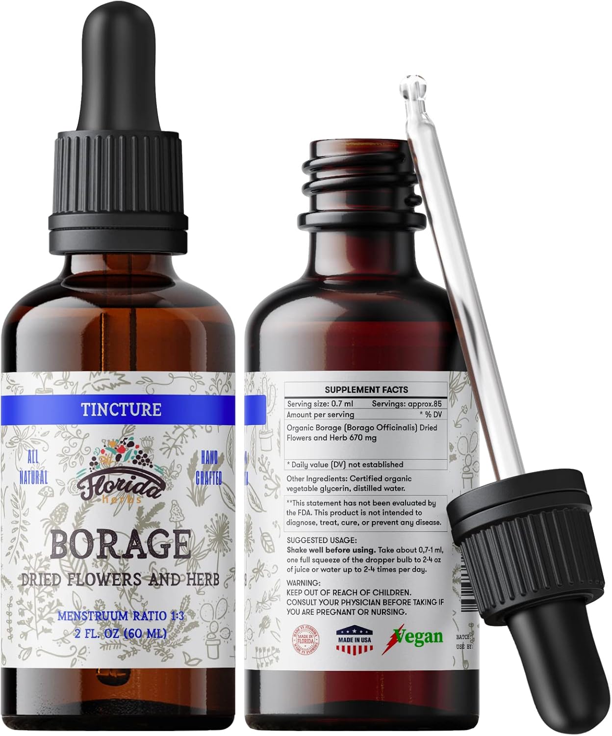 Borage Liquid Extract, Organic Borage Tincture (Borago Officinalis) Herbal Supplement, Non-GMO in Cold-Pressed Organic Vegetable Glycerin 700 mg, 2 oz (60 ml)