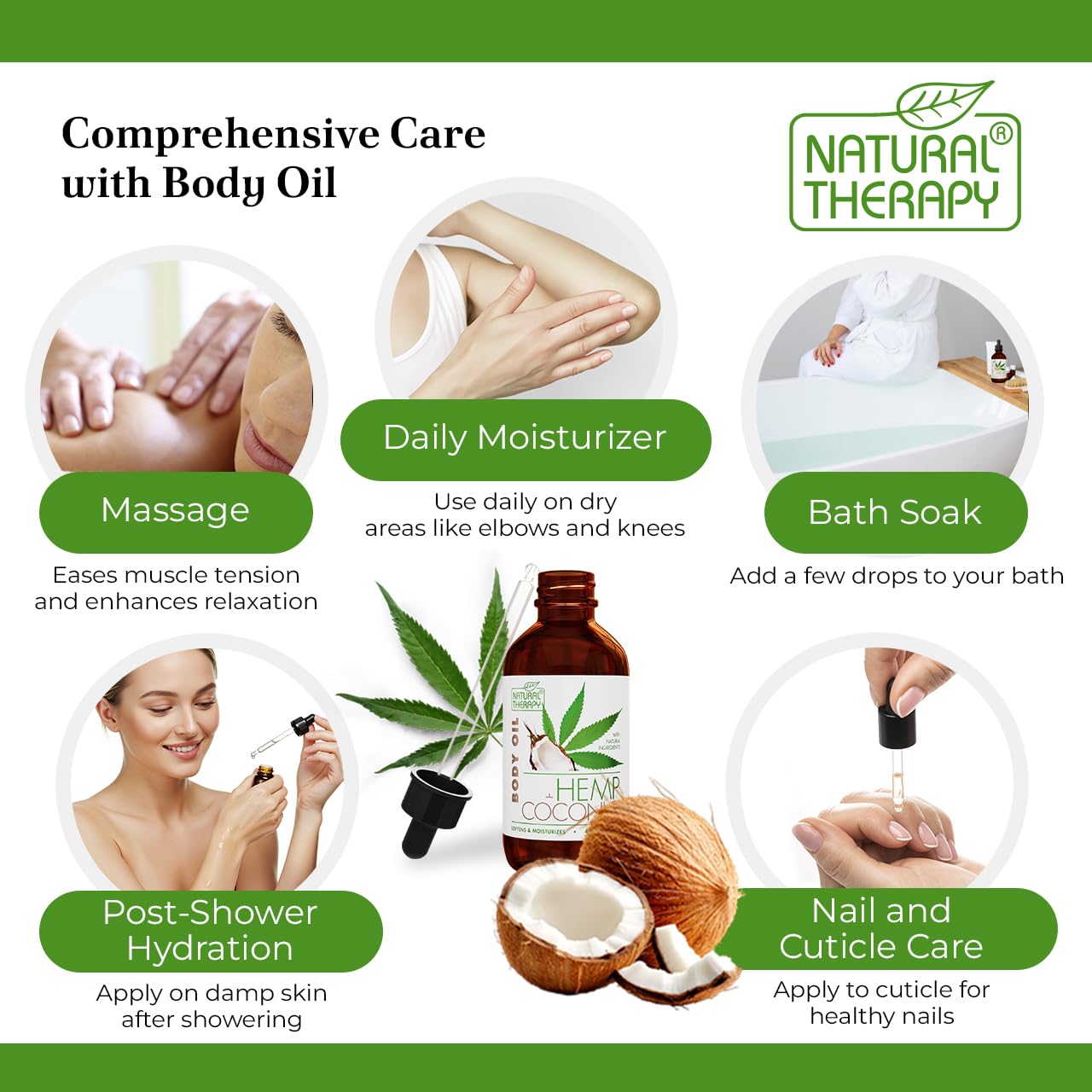 Natural Therapy Hemp & Coconut Body Oil – Moisturizing Body Oil – Hydrate & Soften Skin – Increase Skin Elasticity and Provide Anti-Aging Support (4 Fl.Oz)