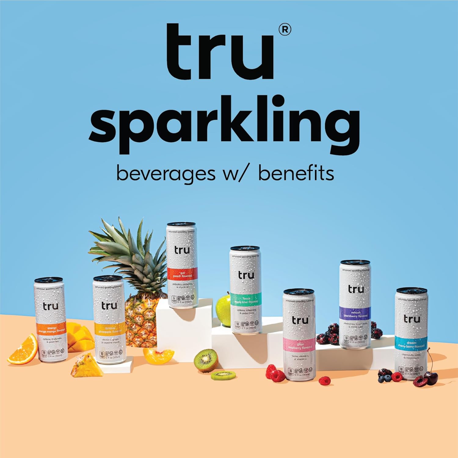 Tru Glow Seltzer, Sparkling Water with Biotin, Vitamin C, Vitamin A & Real Raspberry Juice, Sweetened with Monk Fruit & Stevia, Gluten Free, Vegan, Caffeine & Sugar Free, 12 FL OZ Cans, 12 Pack