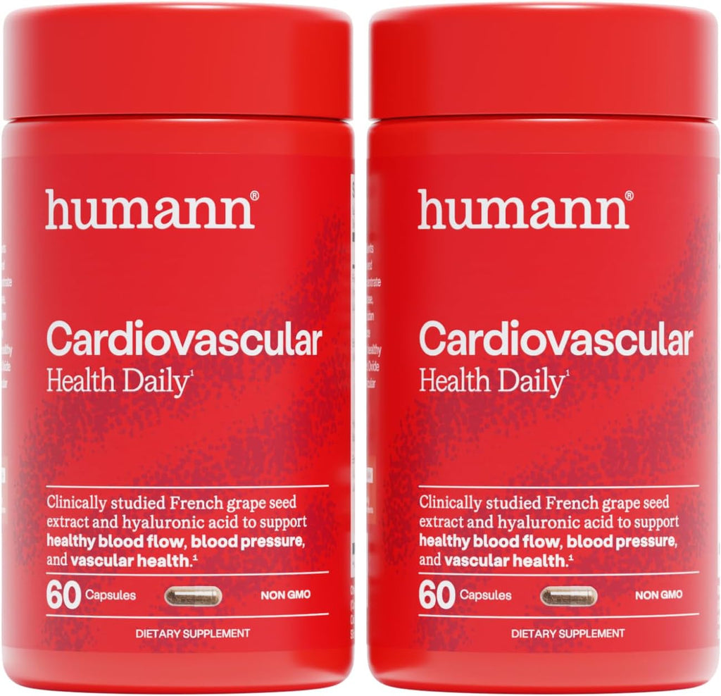 Humann Cardiovascular Health Daily, 4-in-1 Vascular & Blood Pressure Support, Grape Seed Extract & Hyaluronic Acid Circulation Supplement, Plant-Based Non-GMO, 120 Capsules