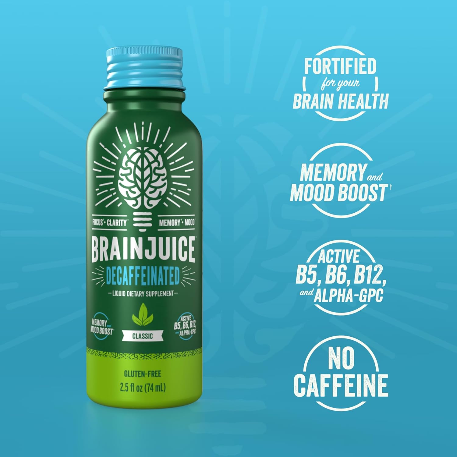 BrainJuice Decaf Brain Support Shot, Gluten Free Supplement Shots for Energy & Focus, Healthy Drinks with Alpha GPC, Vitamin B & Decaffeinated Green Tea Leaf, Classic, 2.5 fl oz, 12 Pack