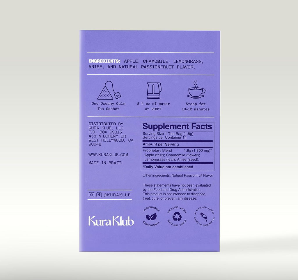 Kura Klub Nighttime Sleep & Relaxation Tea — Chamomile & Passion Fruit Herbal Blend for Stress-Free Evenings, Beauty & Digestion Support — Caffeine-Free, No Microplastics — 14 Biodegradable Teabags