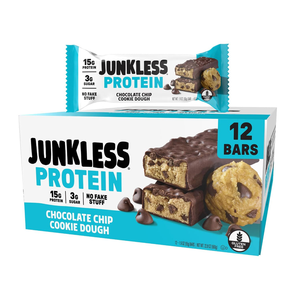 JUNKLESS Protein Bars - Chocolate Chip Cookie Dough - 15g Protein, No Added Sugar, Gluten Free, High Fiber, Delicious Taste and Texture, Satisfying, Healthy Snack for Energy - 12 Bars