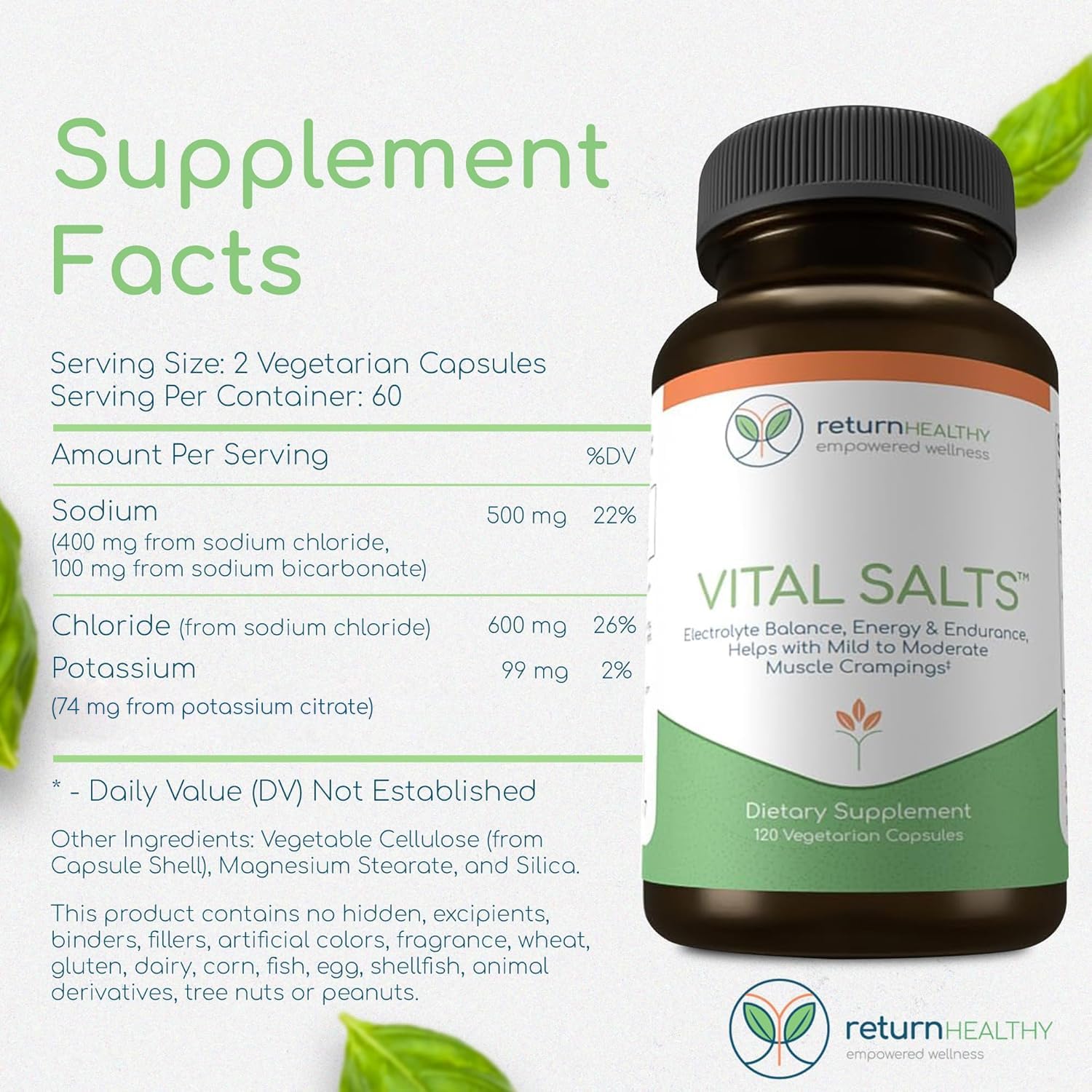 Vital Salts, Electrolyte Salts for Energy and Endurance, Sodium Chloride, Electrolyte Supplements, Blood Pressure Support Supplement, Muscle Cramps Relief, 120 Salt Capsules - Return Healthy