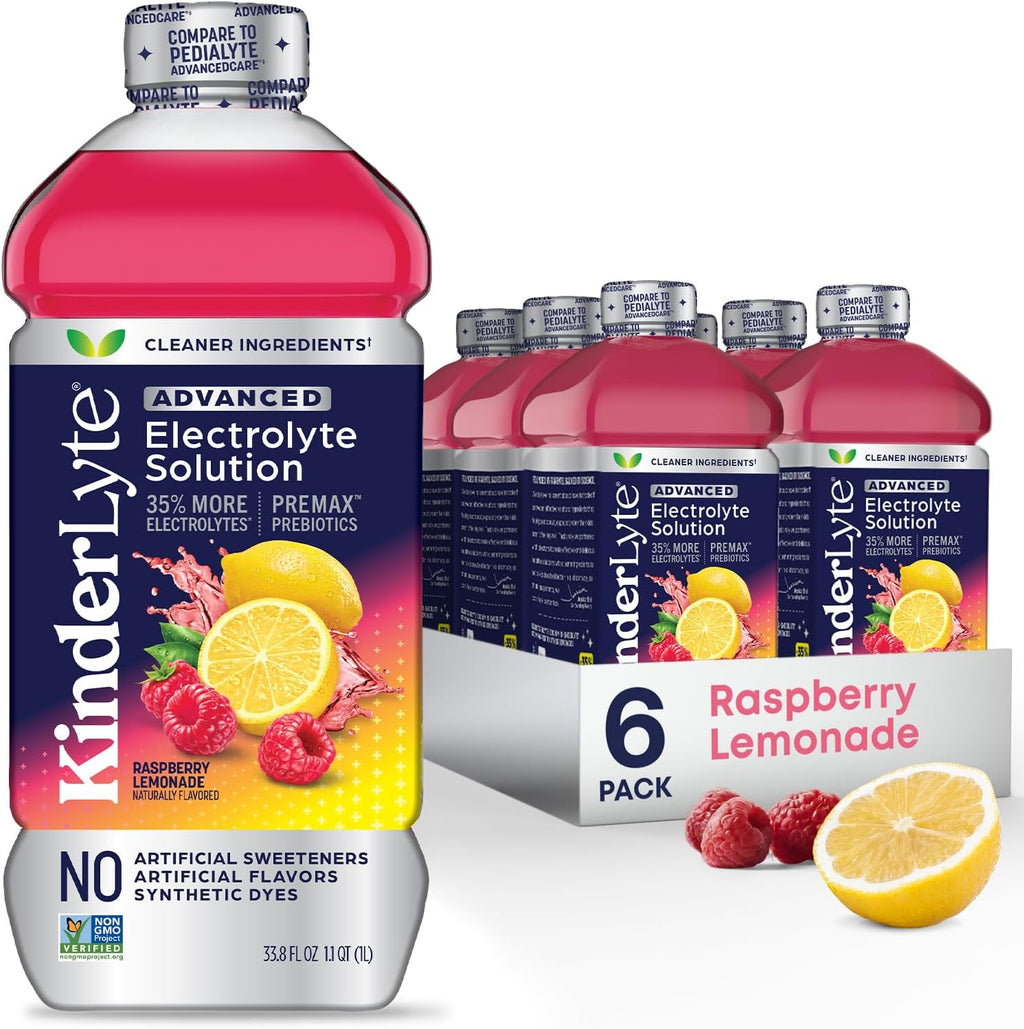 Kinderlyte Advanced Electrolyte Solution, 2X Faster Hydration vs. Water Alone, No Artificial Sweeteners or Flavors, No Synthetic Dyes, Raspberry Lemonade, for Kids and Adults, 33.8 fl oz (Pack of 6)