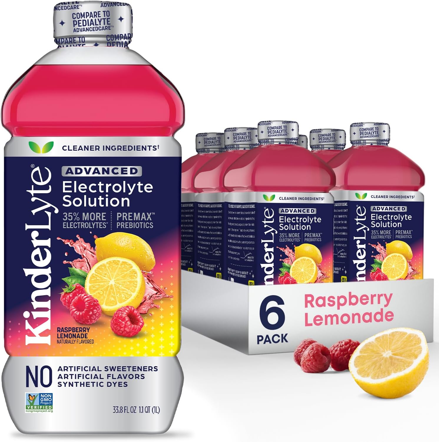 Kinderlyte Advanced Electrolyte Solution, 2X Faster Hydration vs. Water Alone, No Artificial Sweeteners or Flavors, No Synthetic Dyes, Raspberry Lemonade, for Kids and Adults, 33.8 fl oz (Pack of 6)