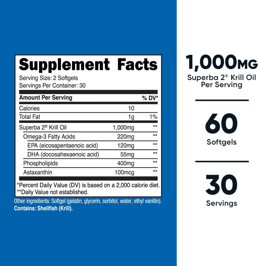 Nutricost Krill Oil 1000mg, 60 Softgels - Omega-3 EPA-DHA Krill Oil Supplement, with Superbakrill