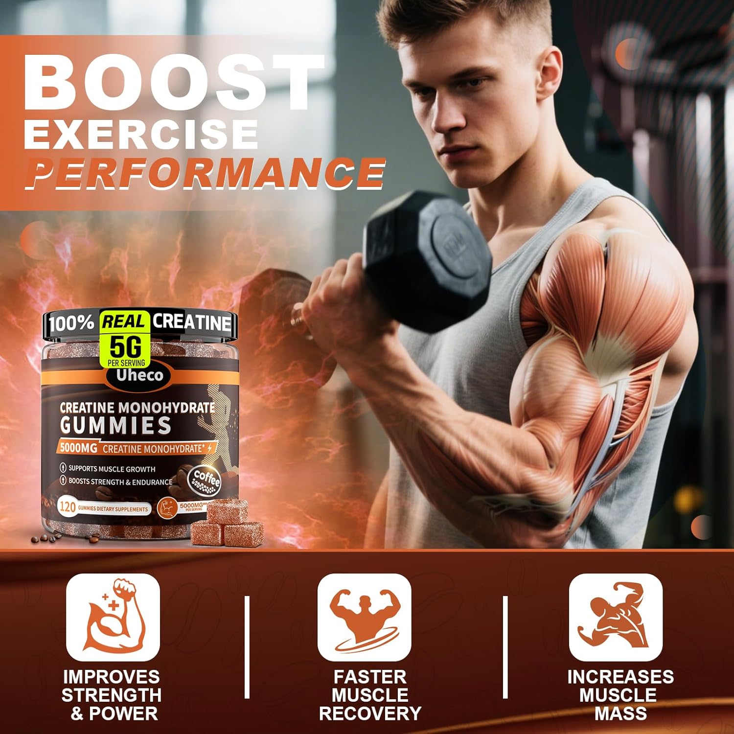 Coffee Flavor Creatine Monohydrate Gummies for Men & Women,Contains L-Taurine + Vitamin B12, Betaine, L-Citrulline for Improve Exercise Endurance, Muscle Strength -120 Count