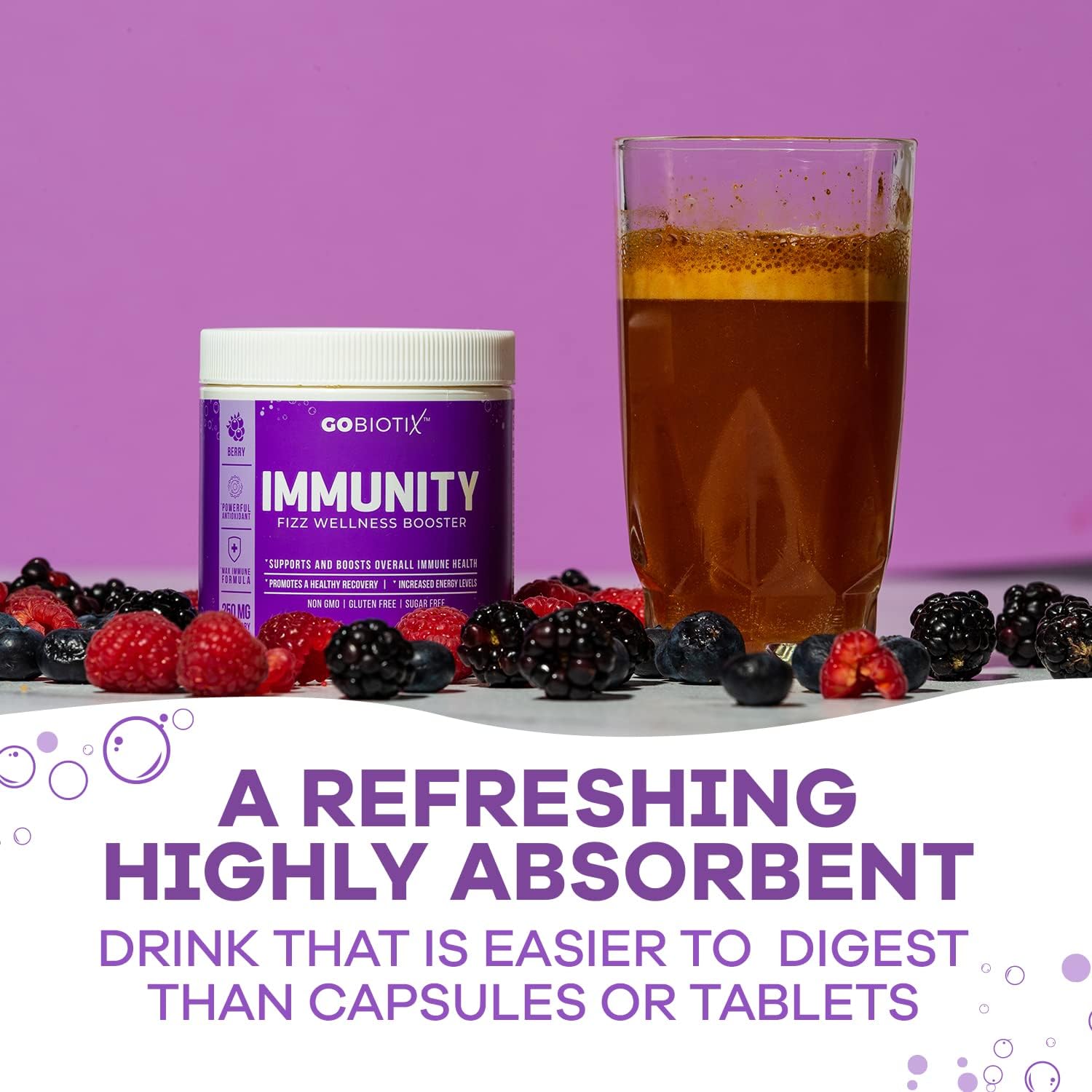 GOBIOTIX Vitamin C - Immune Defense Support Supplement - Immunity Powder Wellness Booster - Vegan Superfood - Elderberry, Turmeric, B12 Vitamin Supplement, Non-GMO and Sugar Free (Berry)
