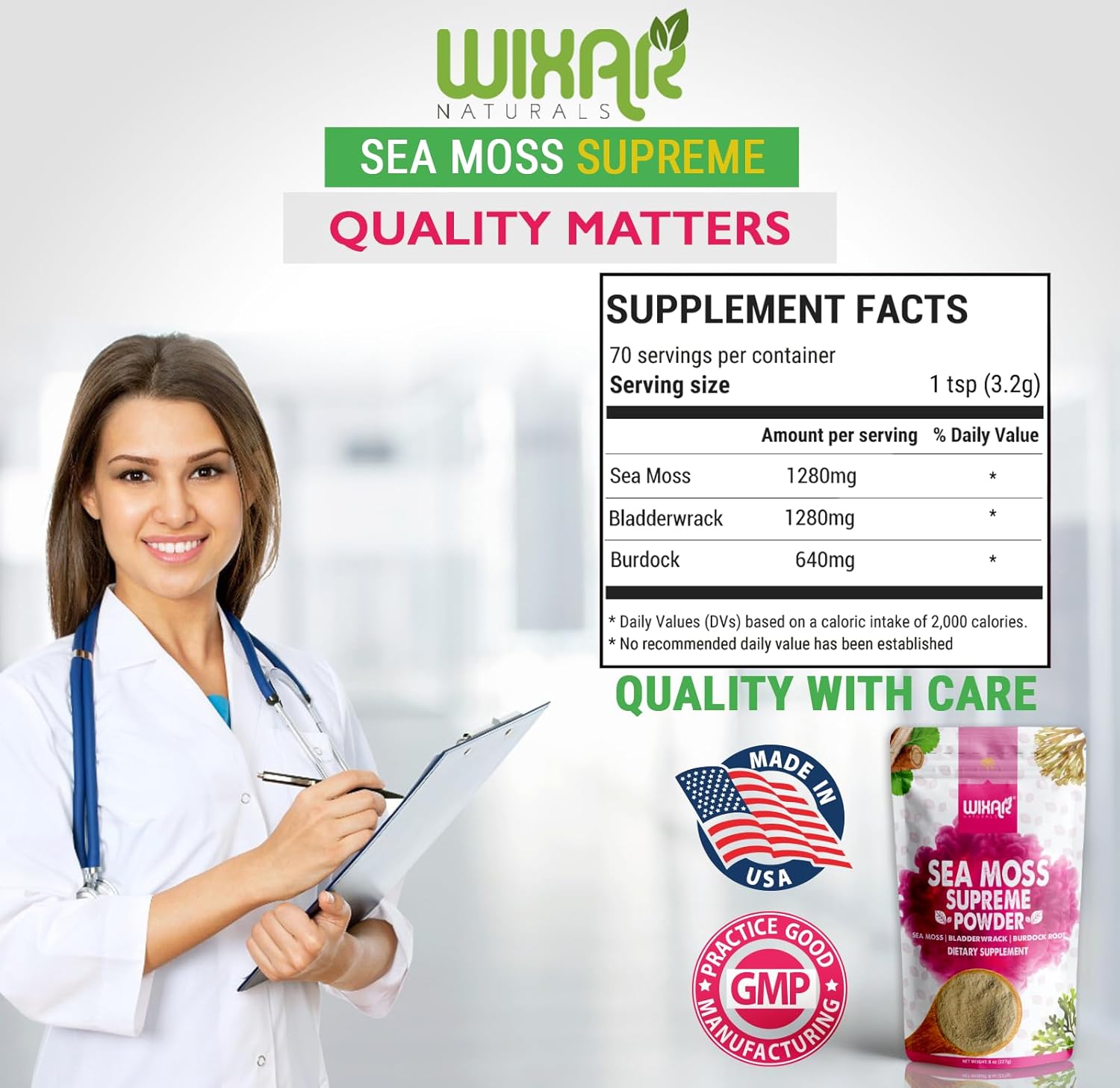 Wixar Wildcrafted Sea Moss Powder – (8 Ounces) – Natural Irish Sea Moss and Bladderwrack with Burdock Powder - Thyroid Support, Healthy Skin, Keto Detox, Joint Support Alkaline Supplements