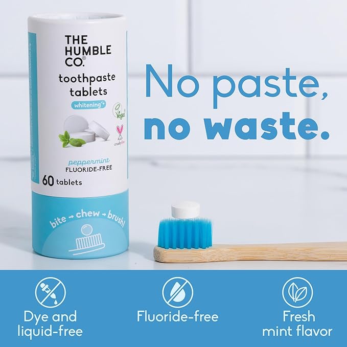 The Humble Co Teeth Whitening Chewable Toothpaste Tablets, Peppermint - Fluoride-Free Toothpaste Tabs - Bite, Chew, Brush - Travel-Friendly & Waste-Free Dental Oral Care & Hygiene - 180 Count