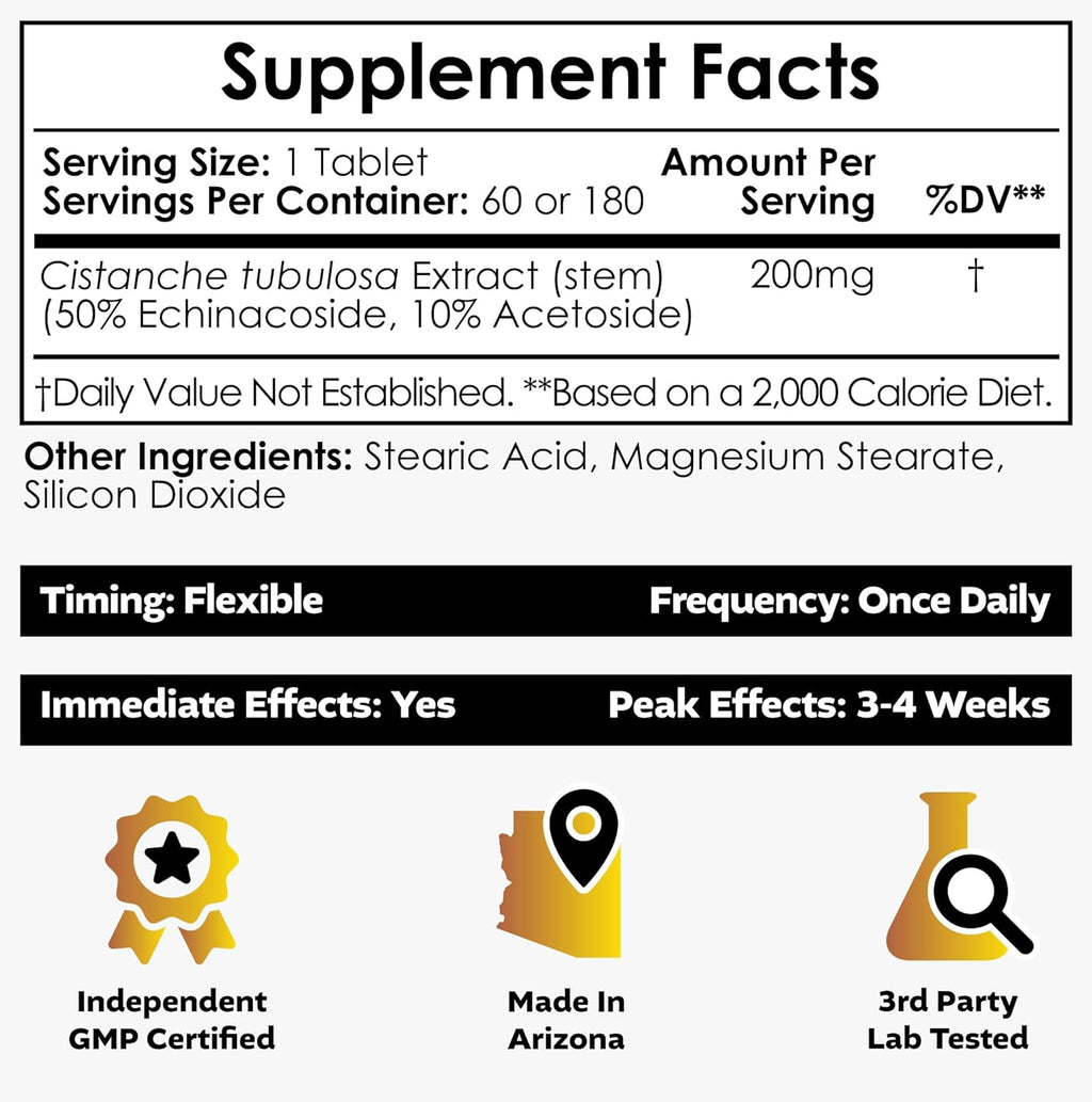 Nootropics Depot Cistanche tubulosa Tablets | 200mg | 180 Count | Minimum 50% Echinacoside + 10% Acetoside (Verbascoside) | Promotes Physical Strength and Energy | Promotes Vitality