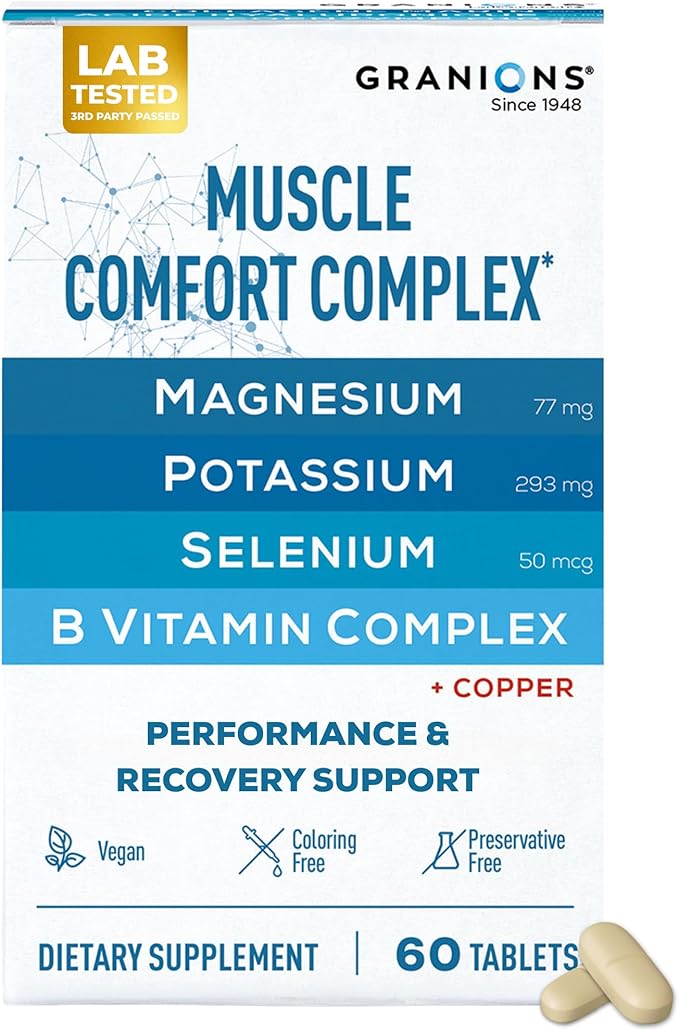 Granions Muscle Relaxer Pills Complex - Magnesium, Potassium, Selenium, Copper & B Vitamins Relaxant - Daily Comfort Supplement to Support Normal Muscle Function and Relaxation - 60 Tablets