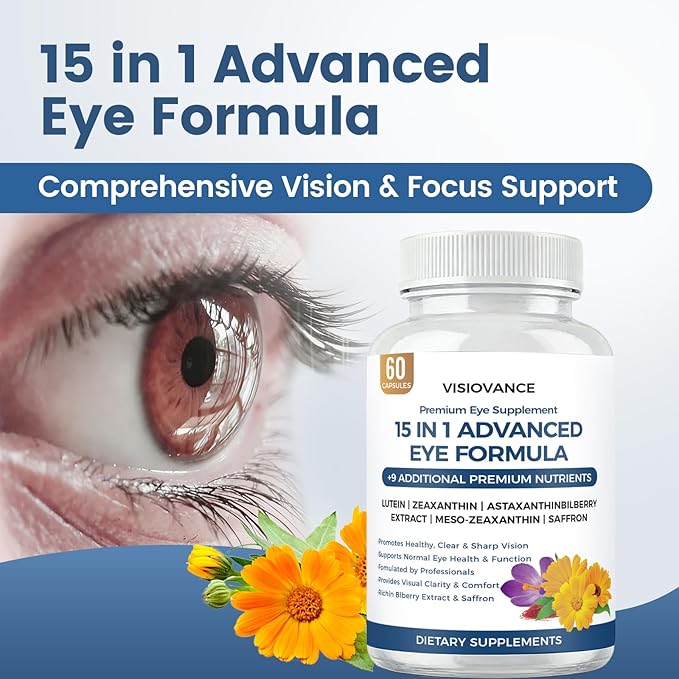 VisioVance 15 in 1 Advanced Eye Formula, Neurobella Eye Supplement with Lutein, Zinc, Luteolin, Zeaxanthin & Bilberry Extract, 60 Capsules (1)