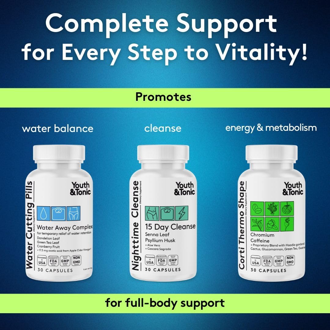 Youth & Tonic Dietary Discipline for Mindful Eating, Cleanse, Detox & Energy Support – Water Weight, Gut Cleanse & CortiThermo Shape for Metabolism, Loss of Body Fluids, Break The Plateau, 90 Pills