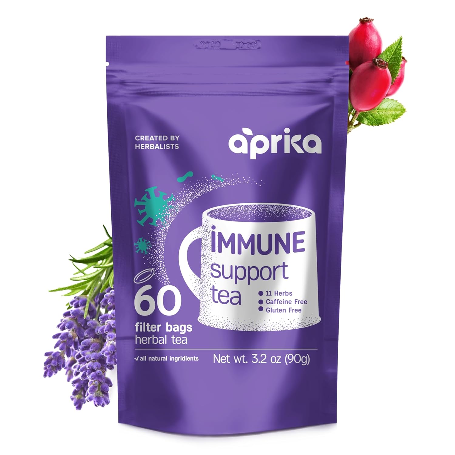 Immunity Booster Decaffeinated Tea Bags, Pure Herbal Immunity Blend - Lemon Balm, Peppermint, Chamomile, Lavender. Immune Support Supplement - 60 Bags by Aprika Life