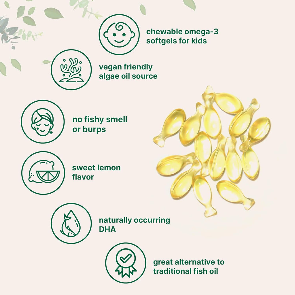 Omega-3 for Kids, 240 Chewable Veggie Softgels | Vegan Omega-3 from Algae Oil + 200mg DHA | Lemon Flavored | Fish Oil Supplements Alternative | Brain, Heart, & Immune Support | No Fishy Smell or Burps