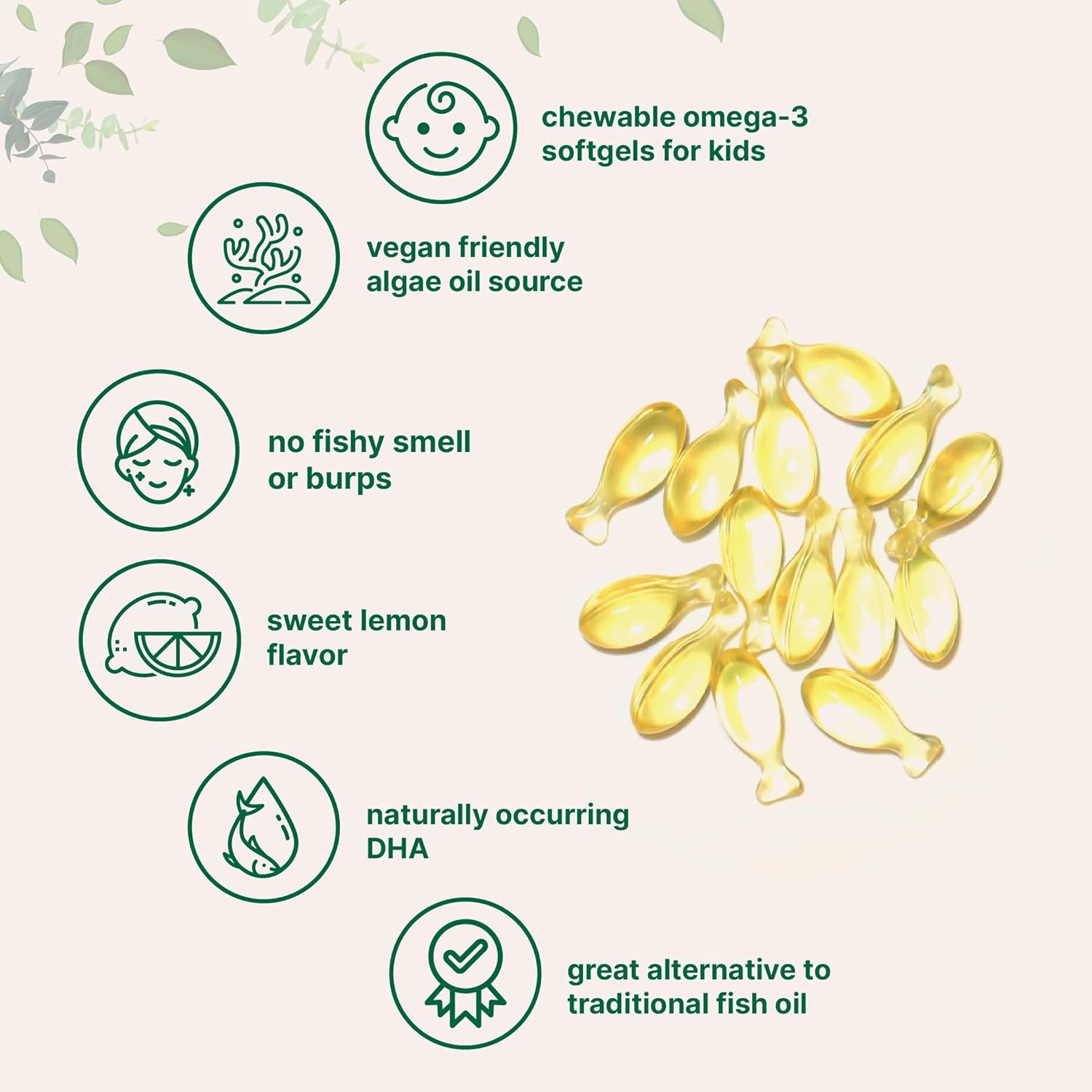 Omega-3 for Kids, 240 Chewable Veggie Softgels | Vegan Omega-3 from Algae Oil + 200mg DHA | Lemon Flavored | Fish Oil Supplements Alternative | Brain, Heart, & Immune Support | No Fishy Smell or Burps