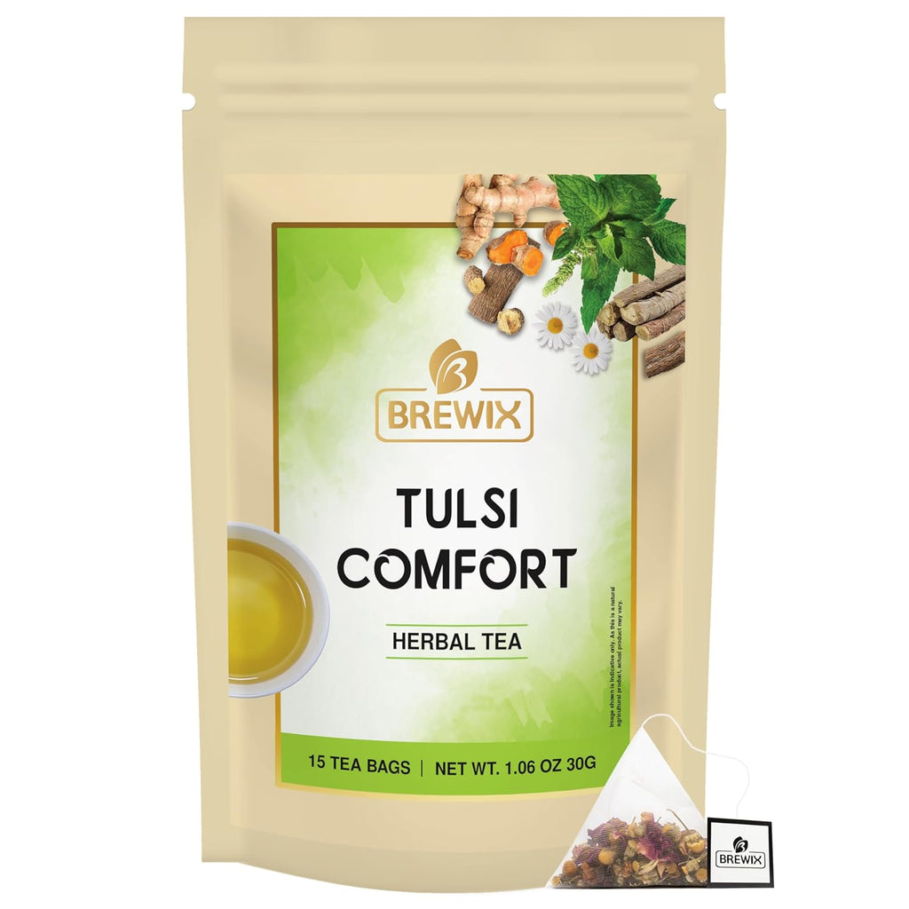 BREWIX Holy Basil Tea Bags (15 Pyramid Tea Bags) | Tee With Tulsi Leaves and Chamomile | Caffeine Free, Calming Herbal Tea With Fresh and Cool Flavor