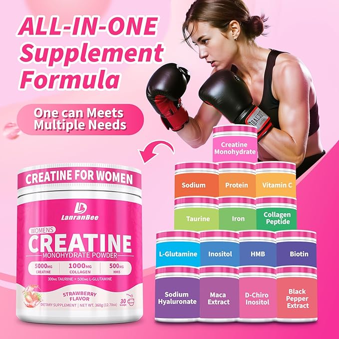 Creatine HMB for Women 5g Micronized Creatine Monohydrate Powder with Collagen Pre Workout Supplement for Muscle Support Energy & Endurance Sugar Free,Strawberry Flavor 30 Servings
