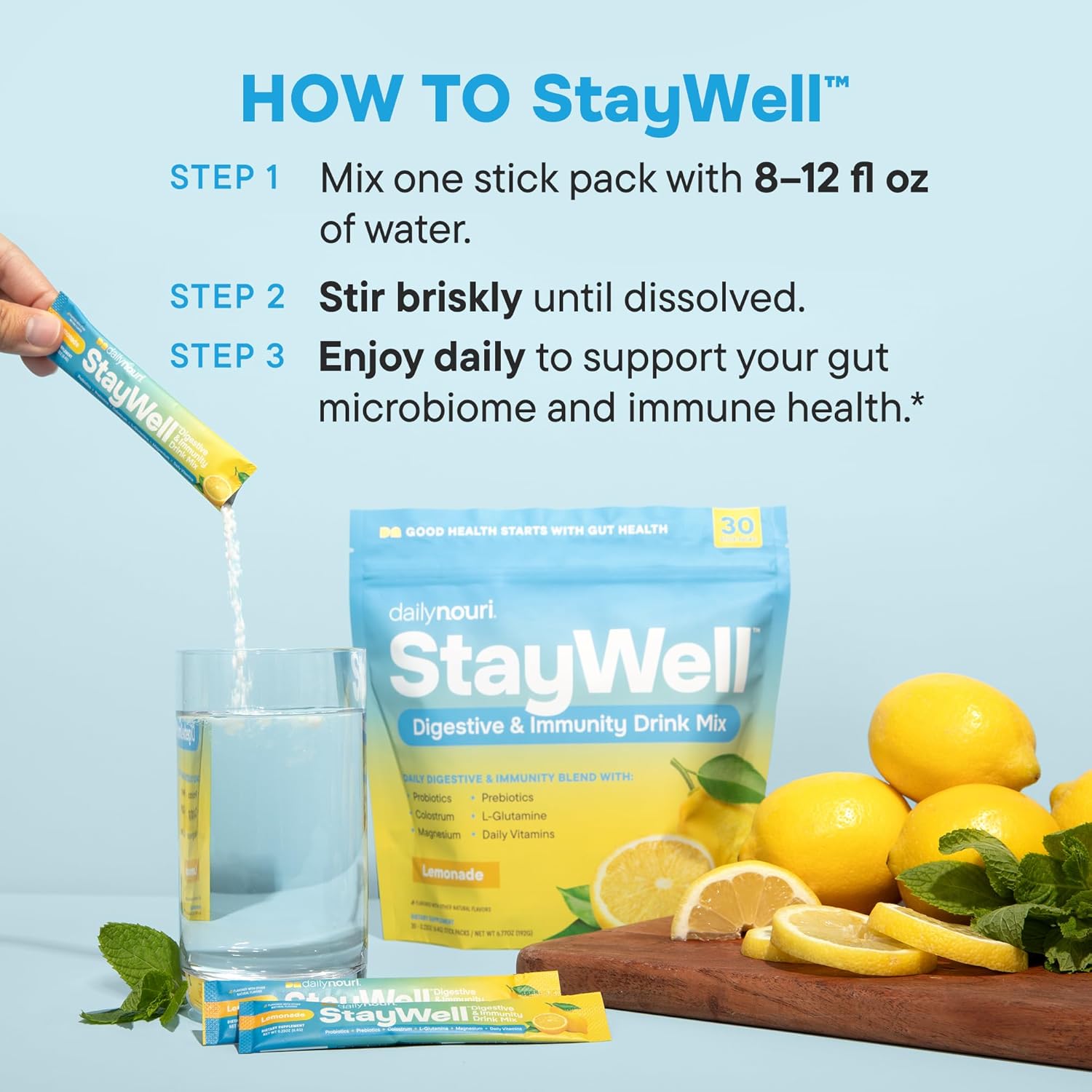Nouri Daily StayWell Digestive & Immunity Drink Mix | Gut Health, Digestion & Bloating Relief | Probiotics, Prebiotics, Colostrum, L-Glutamine, Magnesium, Zinc, Vitamins | 30 Stick Packs