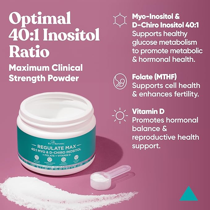 Regulate MAX Myo-Inositol & D-Chiro Inositol Supplement Powder for Women with Vitamin D & Folate PCOS Nutritional Support, Hormone Balance & Fertility Support, Unflavored 60 Servings