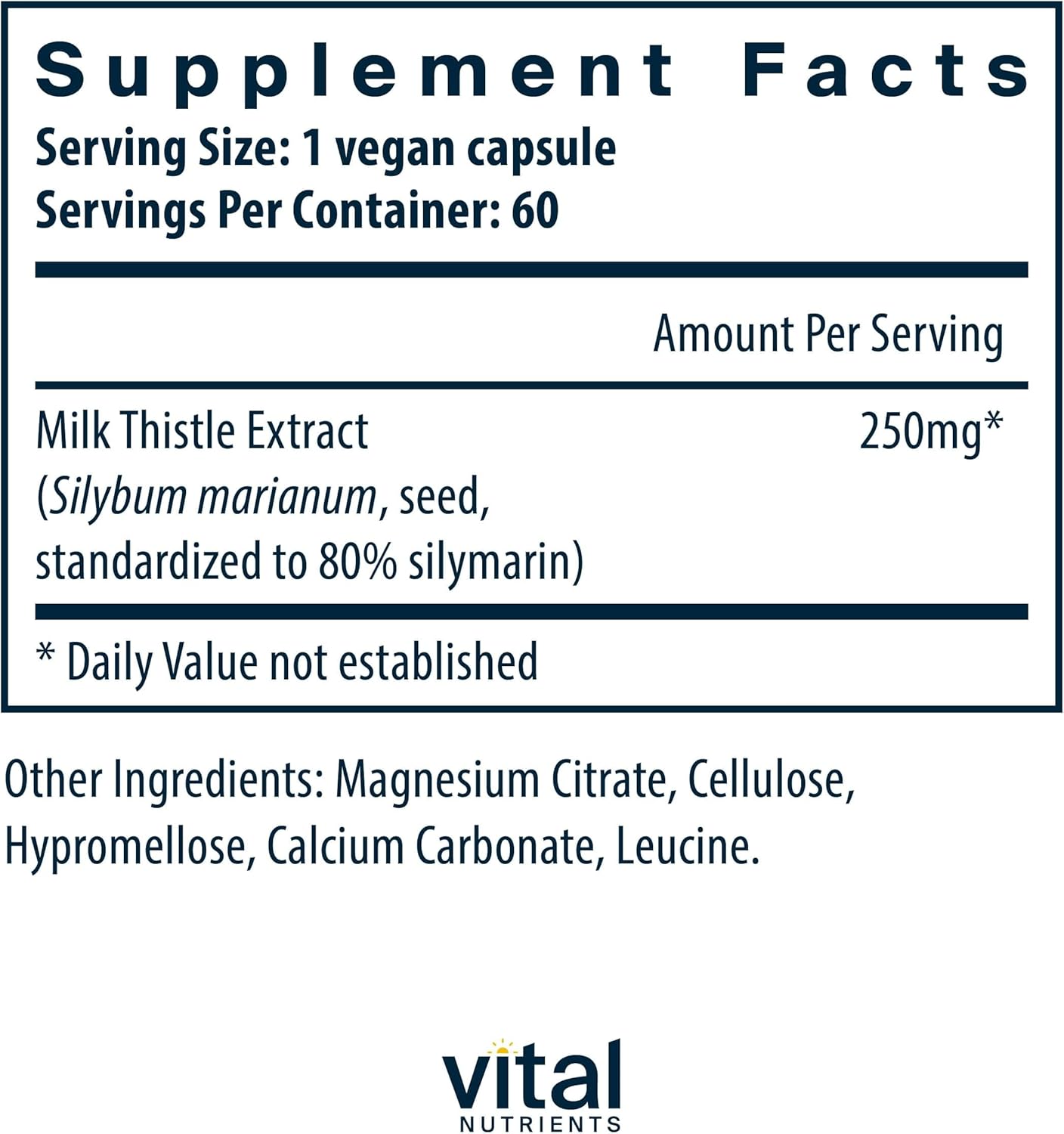 Vital Nutrients Milk Thistle Extract 250mg | Vegan Milk Thistle Supplement for Liver Function & Detox | Antioxidant Support for Glutathione Production | Gluten, Dairy, Soy Free | Non-GMO | 60 Capsules