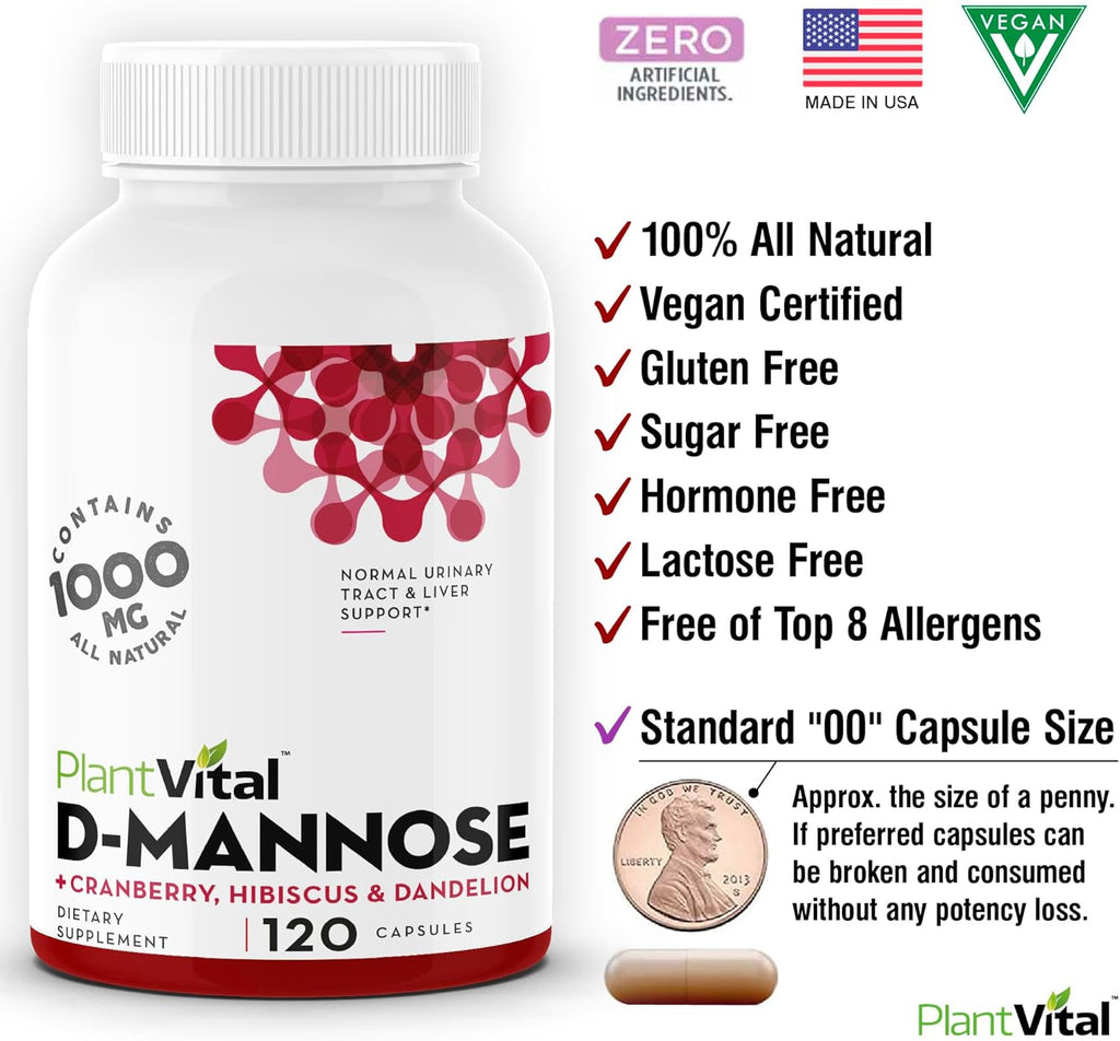 Plantvital D Mannose Capsules with Cranberry - D-mannose 1000mg Capsules - High Potency for Bladder, Kidney and Urinary Tract Support. Cranberry Powder with Hibiscus and Dandelion. 2 Months Supply