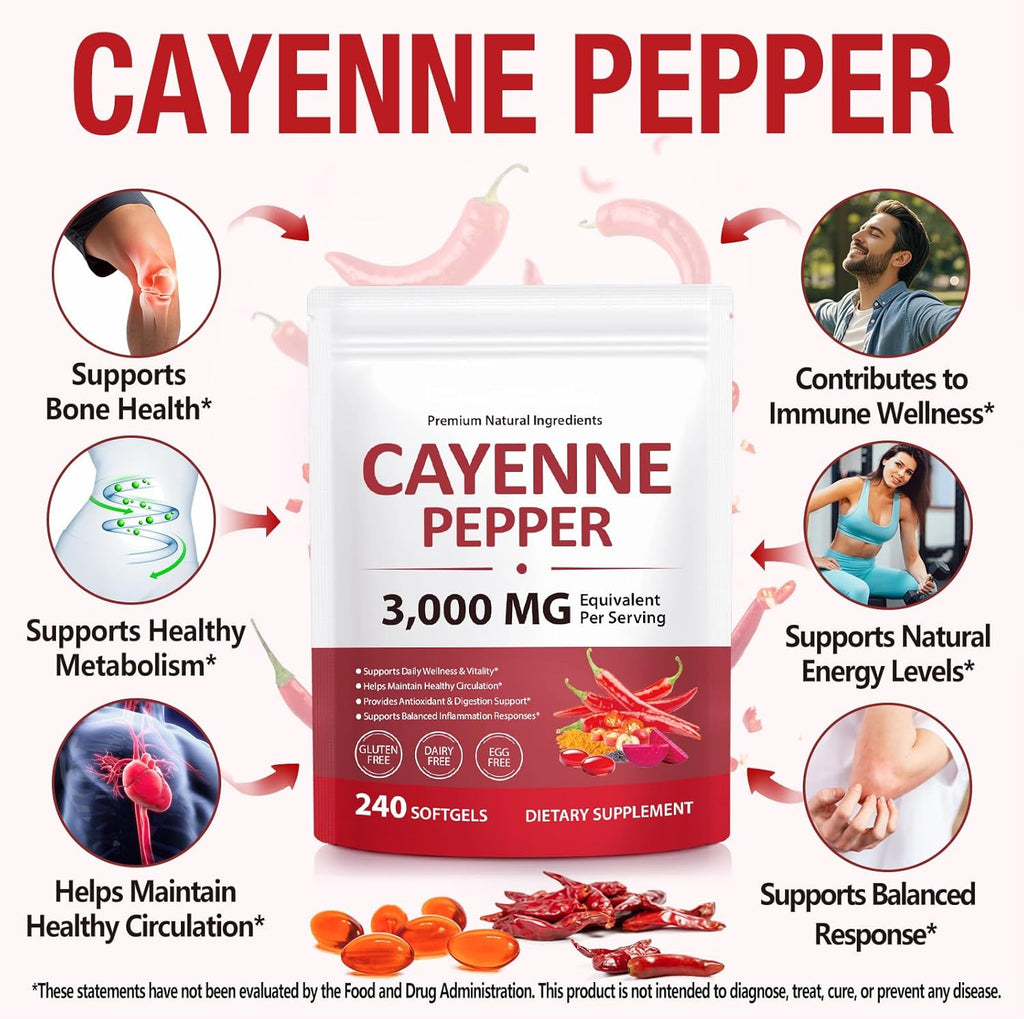 Cayenne Pepper Softgels Supplement, Cayenne Pepper Softgels with Vitamin D3 K2 & E, Grape Seed Extracts, Supports Healthy Blood Circulation, Circulatory Function, Antioxidant Support - 240 Softgels