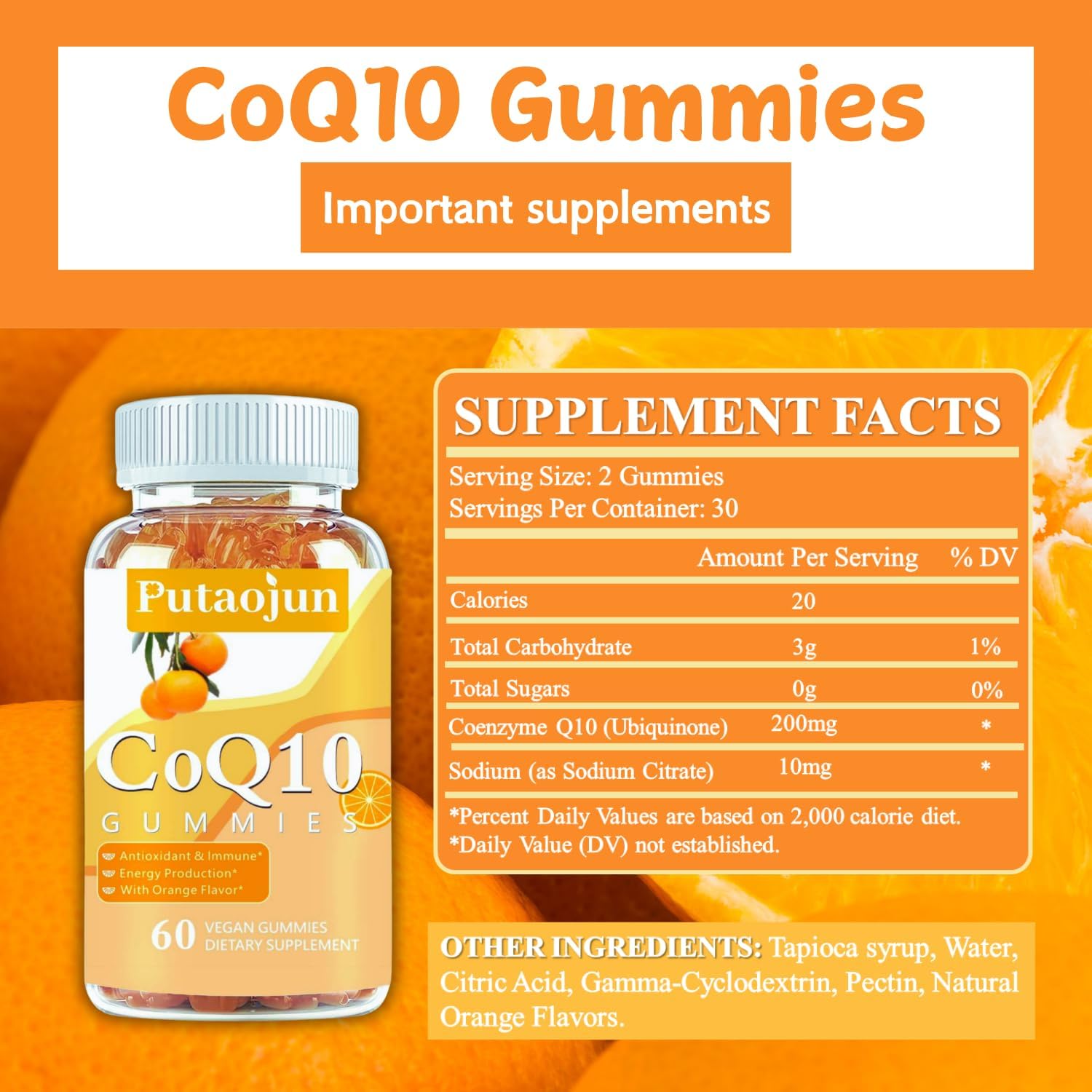 coq10 Gummies | coq10 Gummies for Adults | Orange Flavor | Sugar Free Coenzyme Q10 Vitamins Muscle & Bone Energy | Ultra High Absorption, Cellular Energy, Antioxidant (60 Count (Pack of 1))