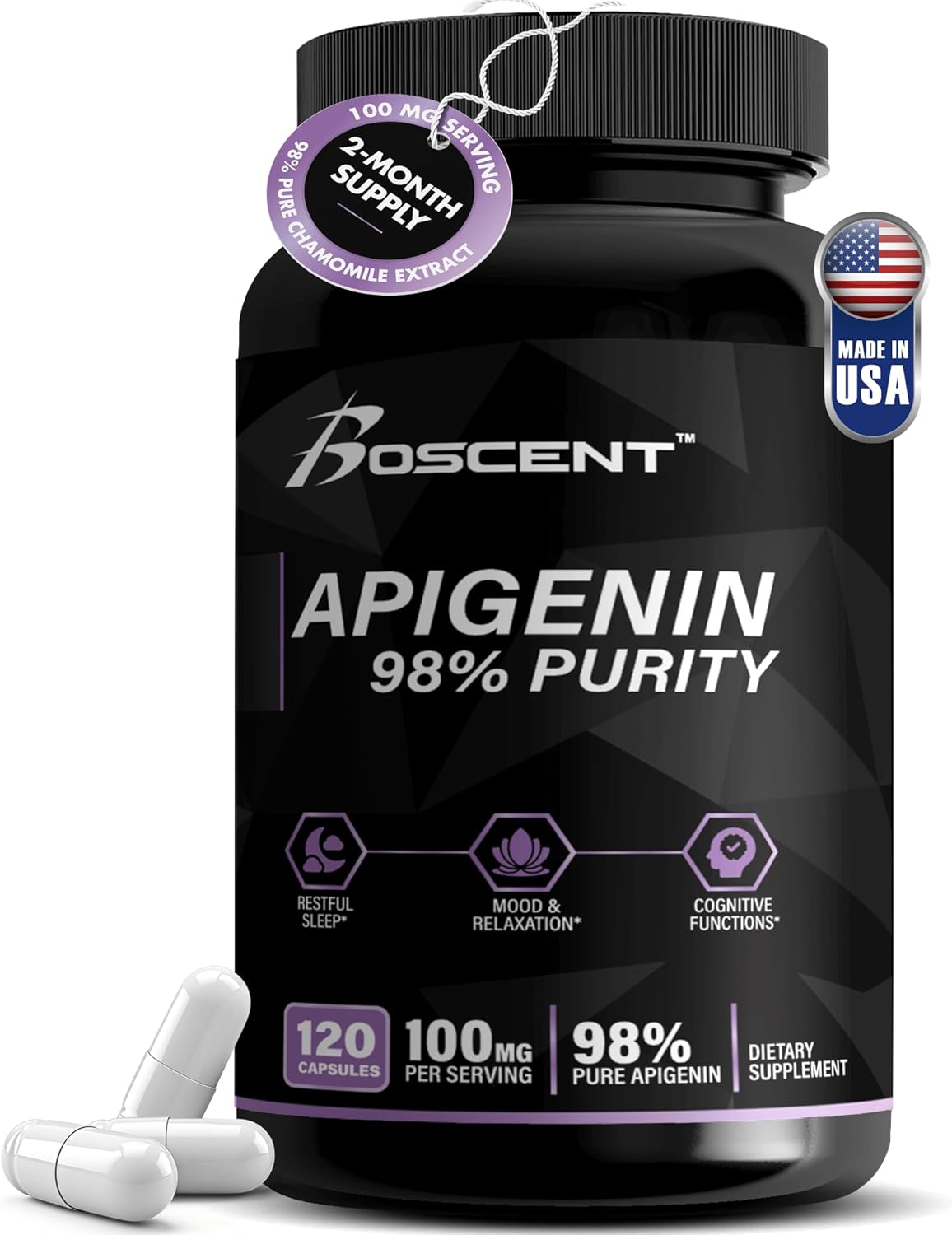 Apigenin Supplement 100mg│98% Highly Purified│Apigenin Supplement for Sleep, Mood, Cognition and Relaxation│Non-GMO, No Fillers - 60 Capsules