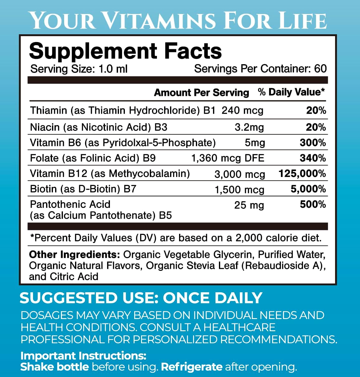 Superdose Organic Vitamin B Complex Liquid Drops | 125,000% DV Vitamin B12, B6, Biotin, Niacin, Folate | Energy, Brain Health, Immune Support | USDA Organic, Vegan, Non-GMO | 60 Serv, 2 Mo. Supply