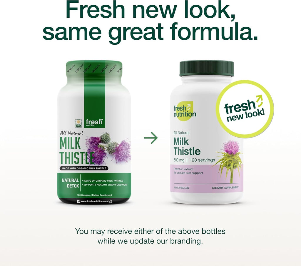 Fresh Nutrition Organic Milk Thistle Supplement - 500mg Potent Strength – 4 Month Supply – Silymarin Thistle Seed Standardized Extract 4:1 - Made in The USA - 120 Capsules