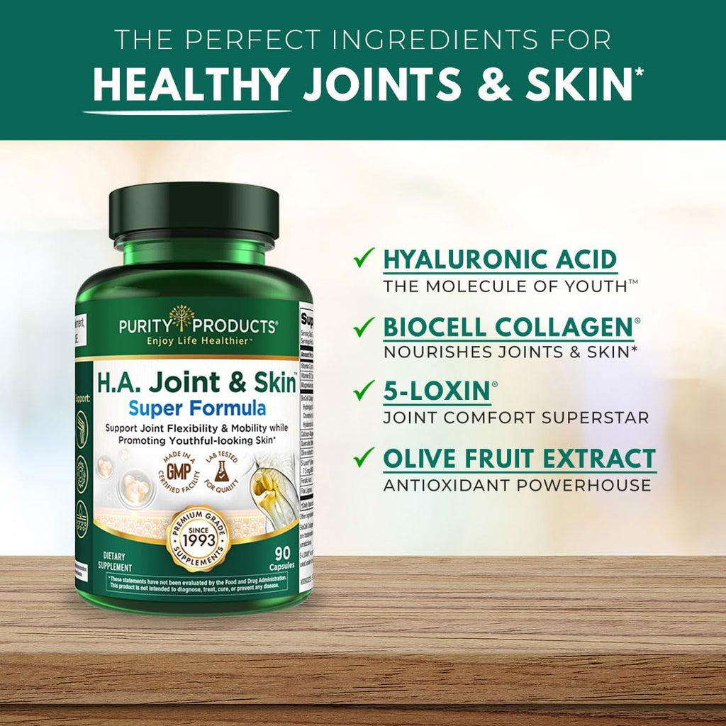 Purity Products H.A. Joint and Skin Super Formula Biocell Collagen w/Hyaluronic Acid Supports Healthy Joint Flexibility, Healthy Synovial Fluid, and Lubrication - 5-Loxin - 90 Capsules (1)