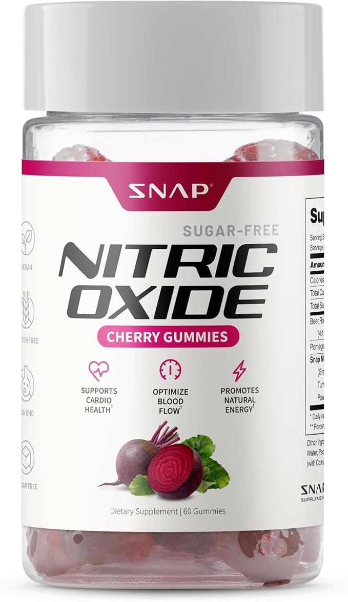 Snap Supplements Nitric Oxide Beet Root Gummies – Beet Root Supplement with Pomegranate Powder Supports Healthy Circulation & Natural Energy, 60 Sugar-Free Gummies (1 Month Supply), Cherry