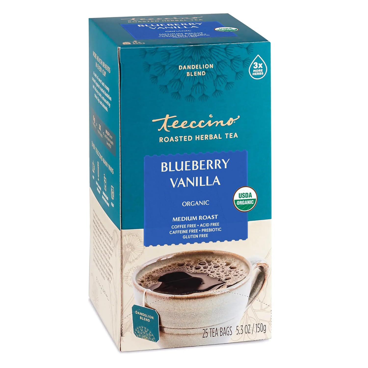 Teeccino Dandelion Blueberry Vanilla Herbal Tea - Rich & Roasted Herbal Tea That’s Caffeine Free & Prebiotic for Natural Energy, Coffee Alternative, 25 Count