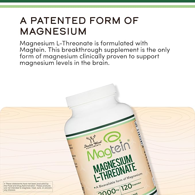 Magnesium L Threonate, Magtein, Sleep and Cognitive Support – High Absorption – Most Bioavailable Form of Magnesium – 2,000 mg – 120 Capsules