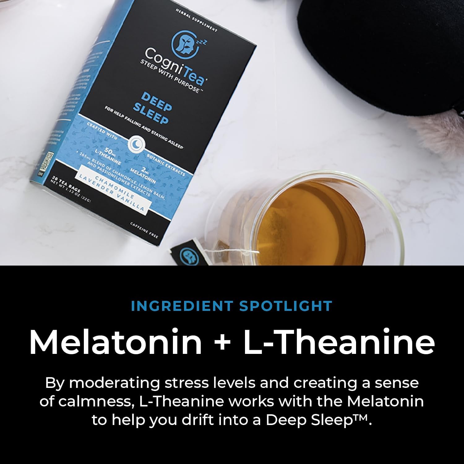 CogniTea Deep Sleep Tea with Melatonin, L-Theanine, Valerian, Chamomile, Lemon Balm and Passionflower for Night Time Rest