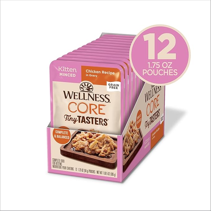 Wellness CORE Tiny Tasters Minced Kitten Wet Cat Food, Natural, Protein-Rich, Grain Free, 1.75-Ounce Pouch, 12 Pack, (Chicken)