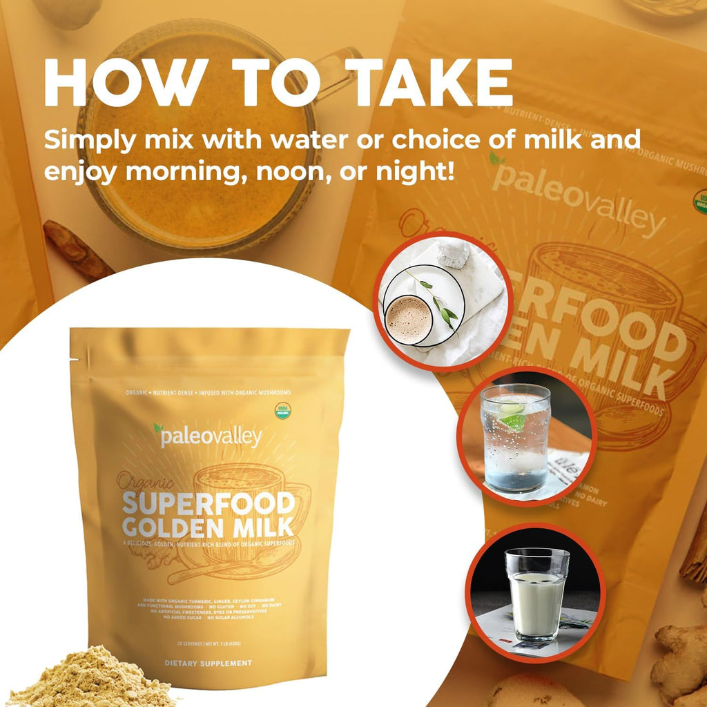 Paleovalley Organic Superfood Golden Milk - Immune, Focus, Cognitive, Longevity - Turmeric, MCT-Rich Coconut Milk, Functional Mushrooms, 28 Servings