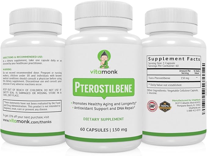 VitaMonk Pterostilbene 150mg Capsules No Artificial Fillers - Soy Free Trans-Pterostilbene Supplement which Promotes Healthy Aging and Longevity - 60 Veggie-Caps - Improved Resveratrol