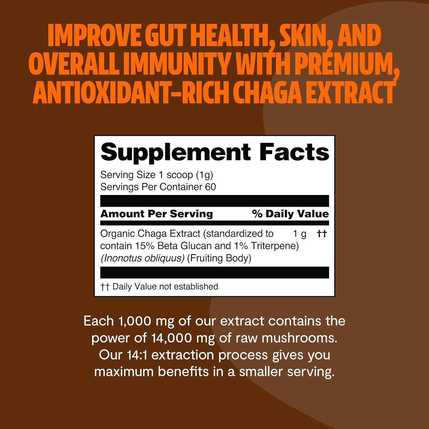 FreshCap Mushrooms Chaga Mushrooms Powder 14,000mg - Chaga Mushroom Extract for Immune and Antioxidants Support, Ayurveda Nootropic Supplement (60 Servings)
