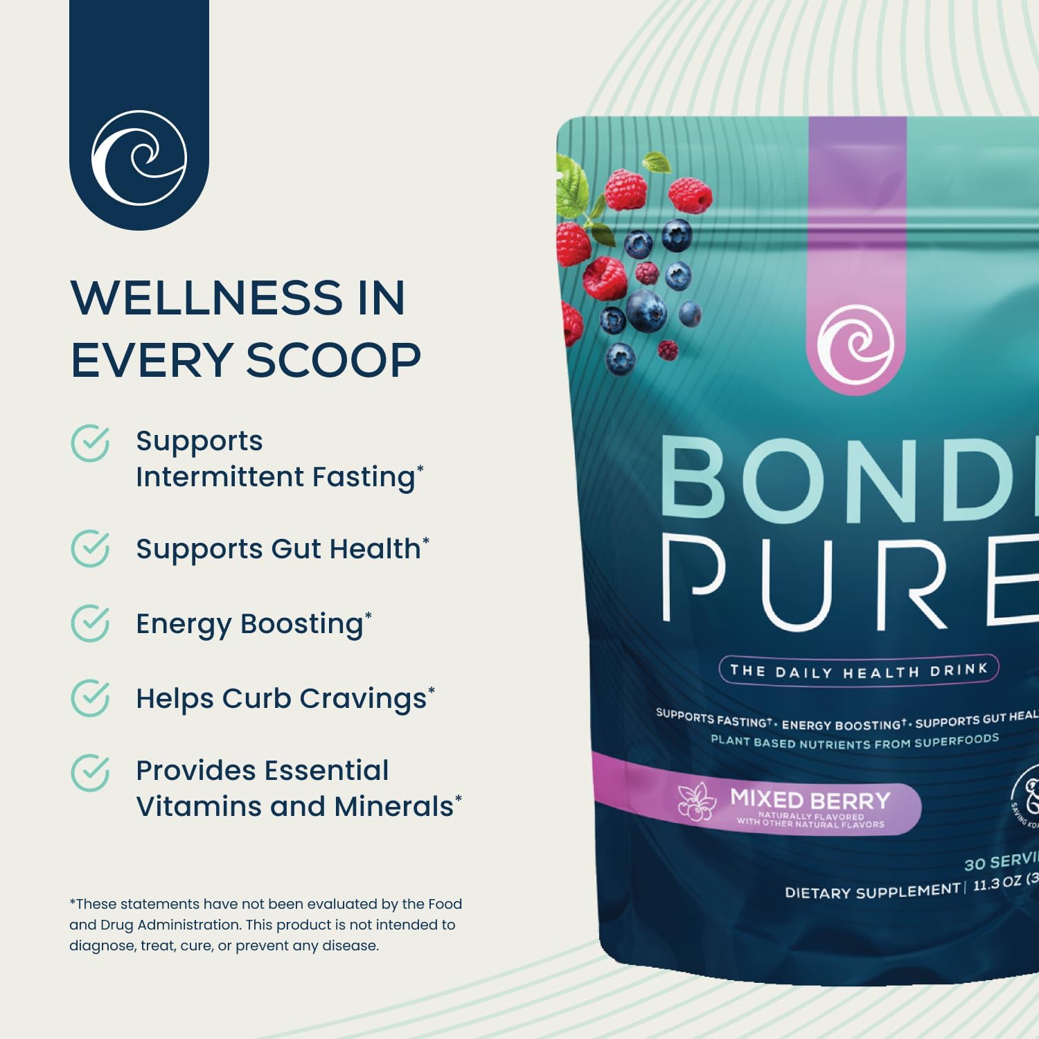 Bondi Pure - Daily Health & Detox Drink - Promote Gut Health & Energy Support During a Cleanse or Intermittent Fasting - Plant-Based Fibers, Alkalizing Super Greens - Berry (30 Servings) 2-Pack