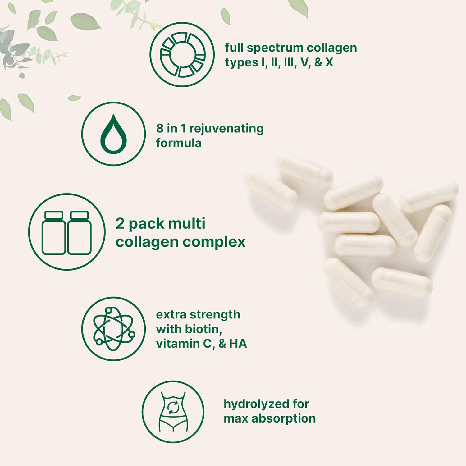 Micro Ingredients 2 Pack Multi Collagen Pills for Women & Men, 480 Capsules | Type I, II, III, V, X | Hydrolyzed Peptides with Biotin, Hyaluronic Acid, & Fat Soluble Vitamin C Complex | Filler Free