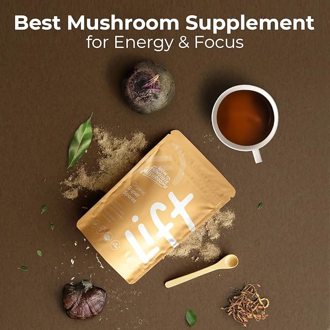 Lift Mushroom Powder Adaptogen 60g (30 Servings) | Natural Energy and Performance Blend with Cordyceps, Reishi, Yerba Mate, Muira Puama and Beet Root