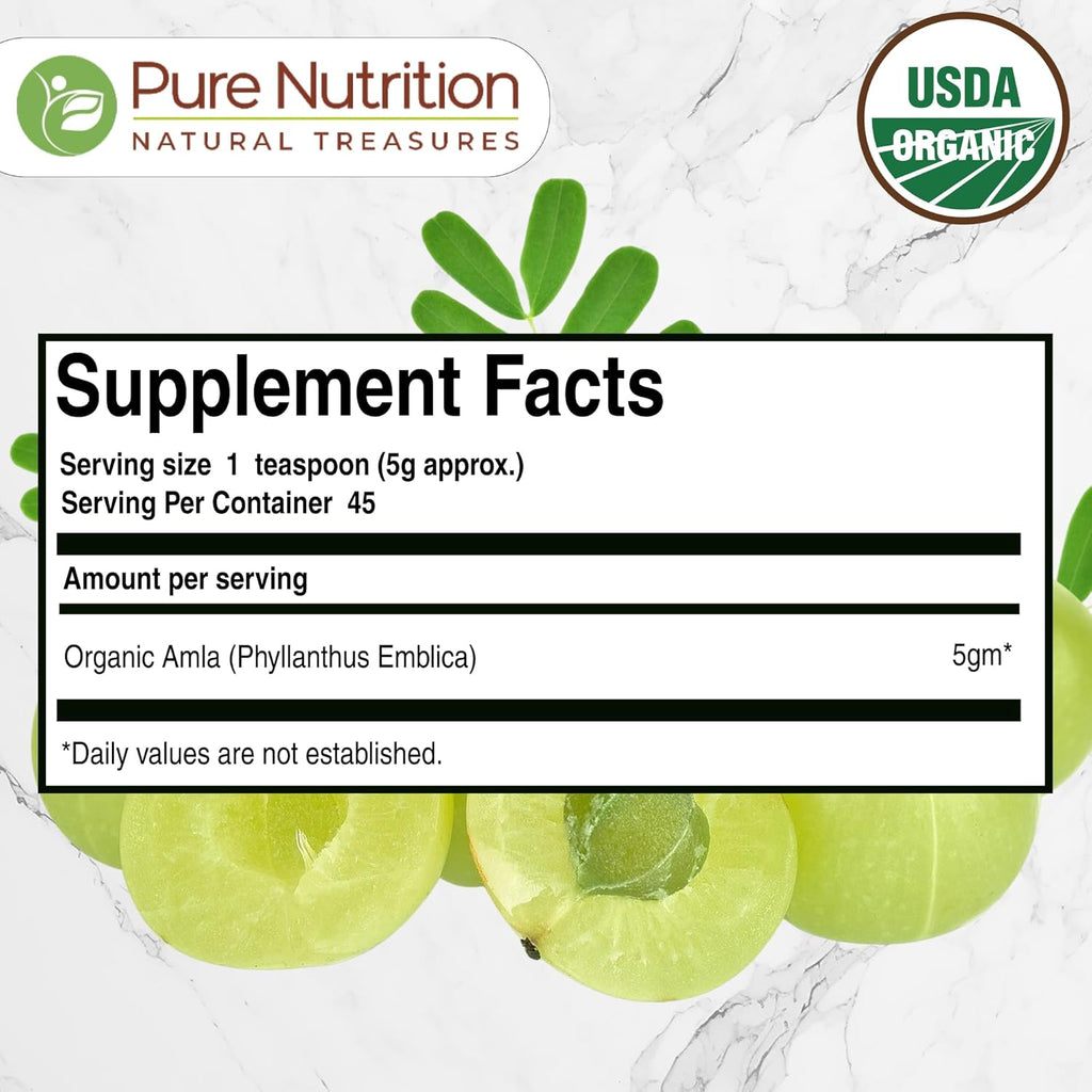 Pure Nutrition Organic Amla Powder 8 OZ (227 Grams) | Certified USDA Organic | Indian Gooseberry is a Natural Source of Vitamin C, Supports Immunity, Skin and Hair Health | NON GMO | Gluten Free